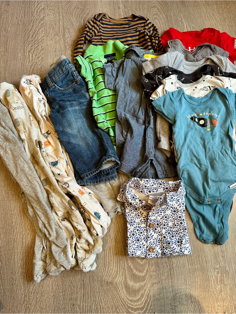 6-9 M Boy Bundle: button down shirt, pants, rompers, onesies, Jeans